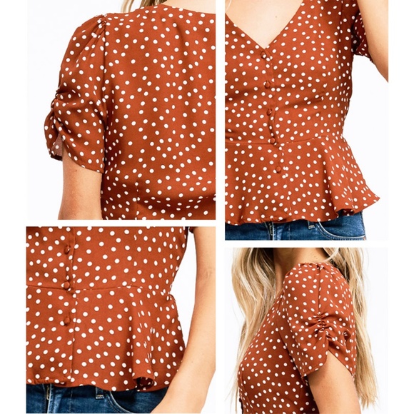 Rust Polka Dot Deep V Neck Button Peplum Shirt Top - Picture 4 of 8